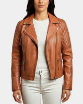 Women Cross Zip Biker Leather Jacket Claudia Celestial Cognac